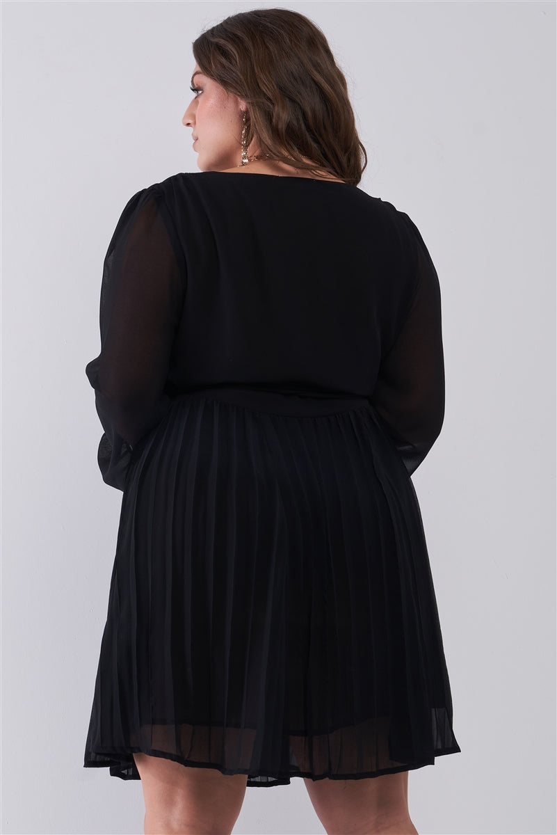 Mini-robe plissée à col en V profond et manches longues bouffantes avec poignets élastiqués et mini-robe plissée – Image 4