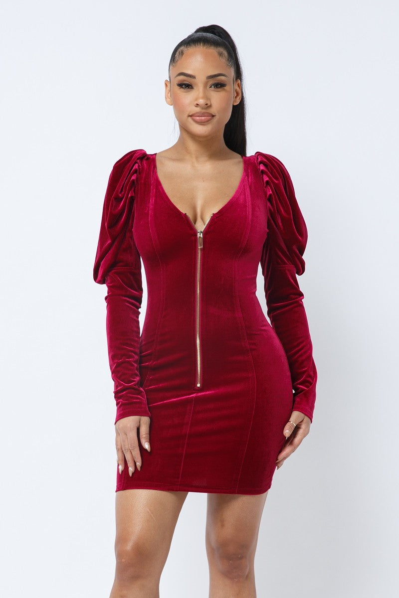 Mini-robe plissée en velours doux, manches bouffantes, col en V bas, devant et dos – Image 39