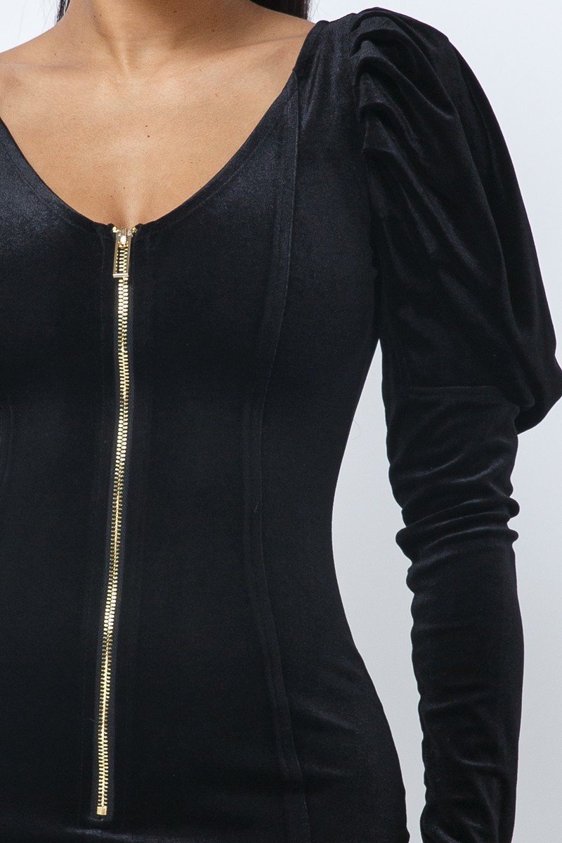 Mini-robe plissée en velours doux, manches bouffantes, col en V bas, devant et dos – Image 7