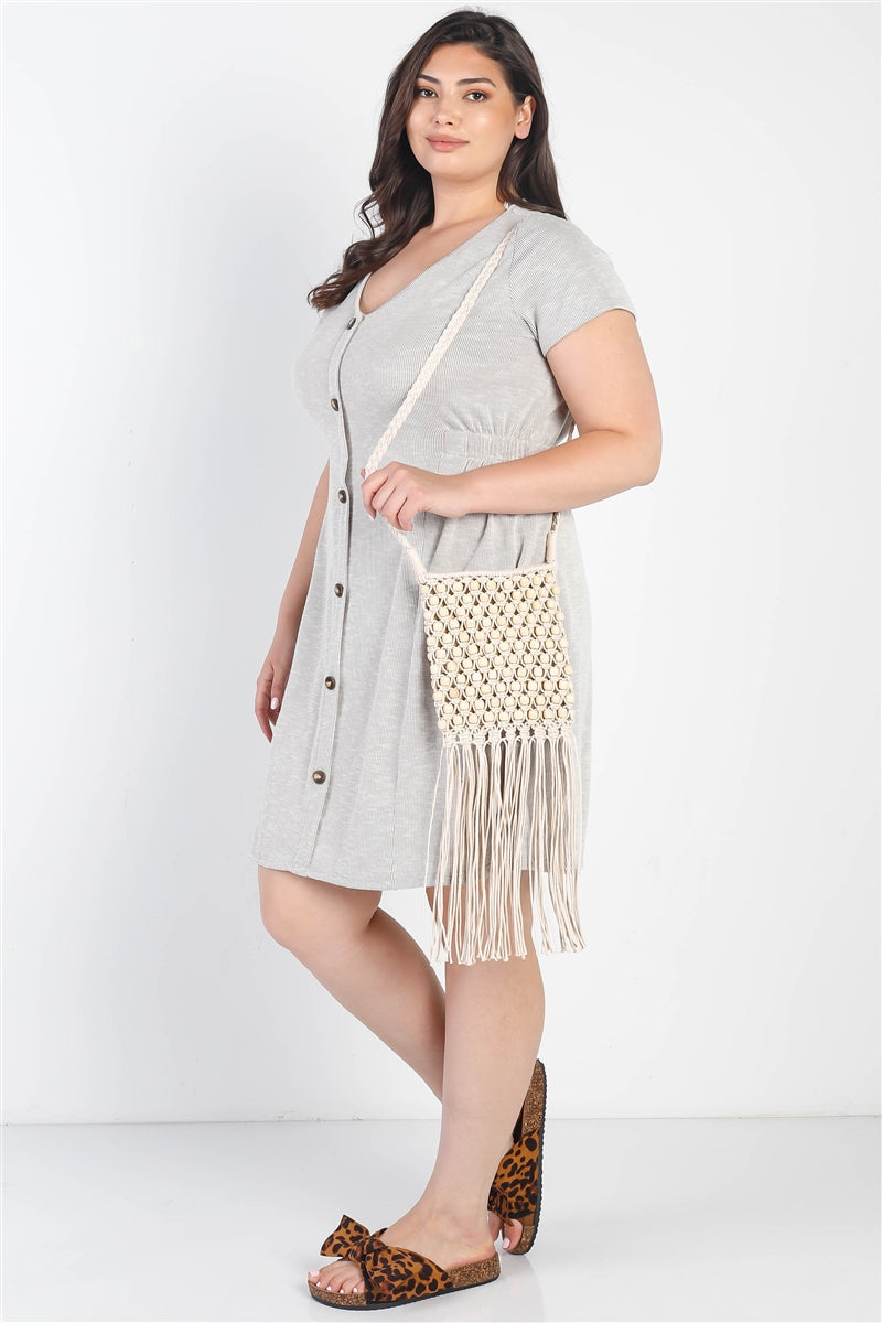 Mini-robe texturée boutonnée à manches courtes gris chaud Plus