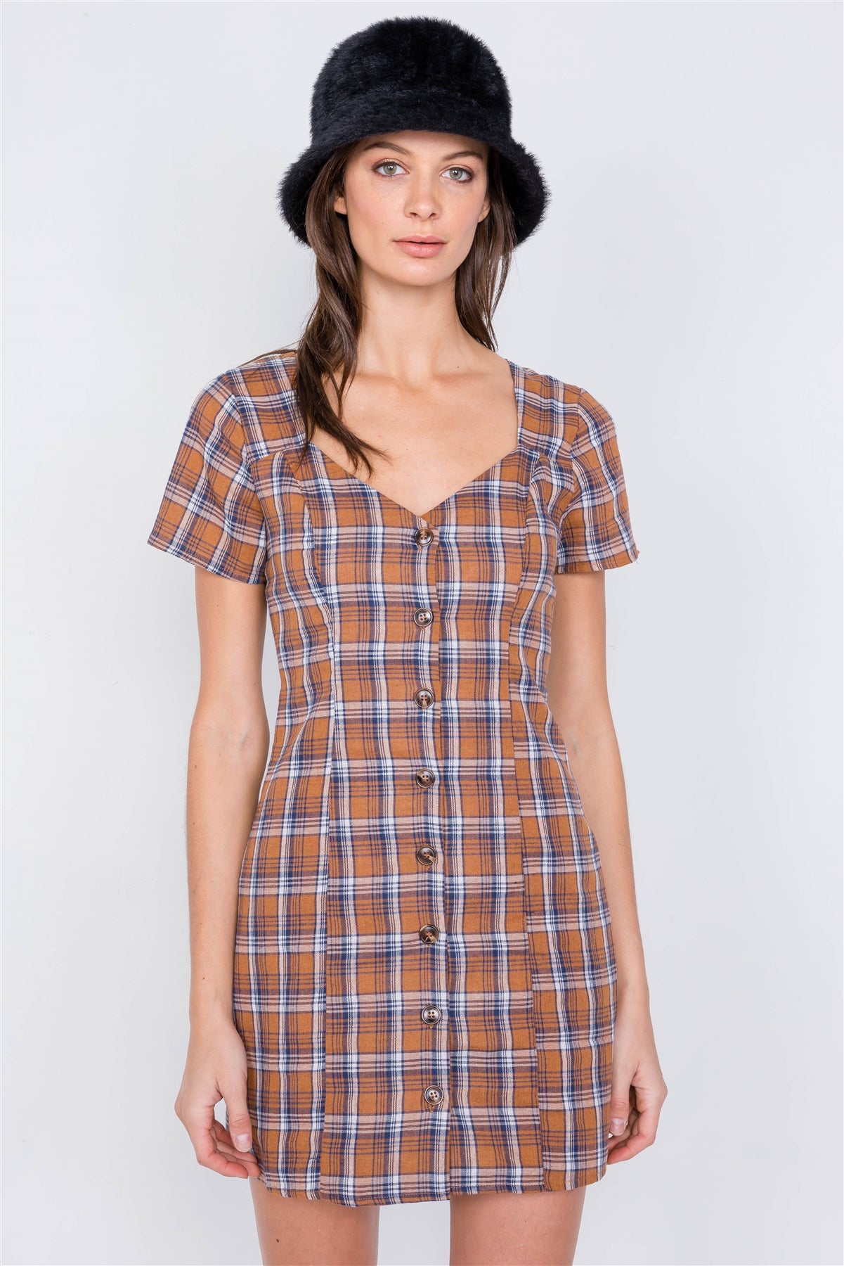Mini-robe vintage décontractée à rayures et à carreaux multiples marron avec dos ouvert