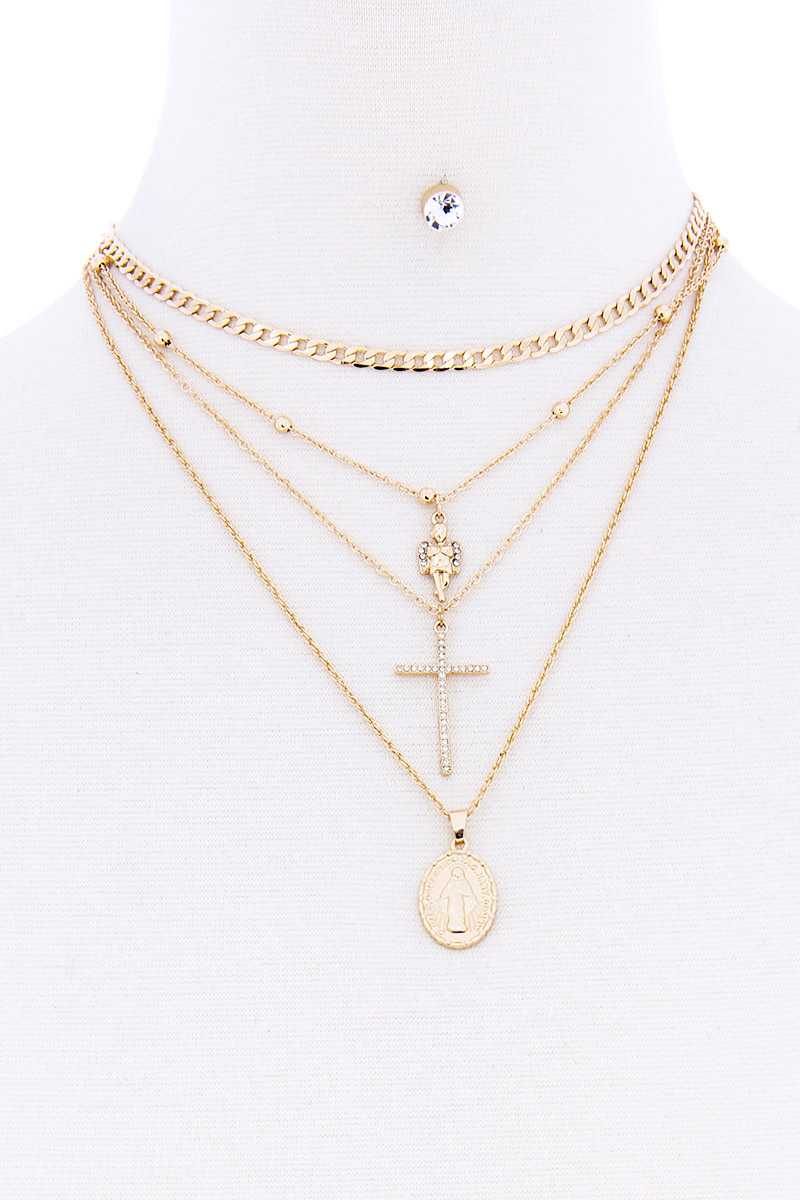 Mode multicouche chaîne perle ange croix saint collier avec ensemble de boucles d'oreilles