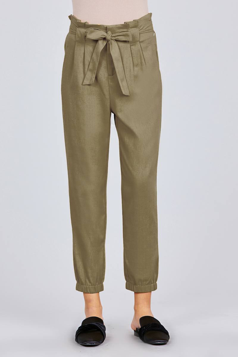 Pantalon long en lin avec ourlet élastique et nœud papillon