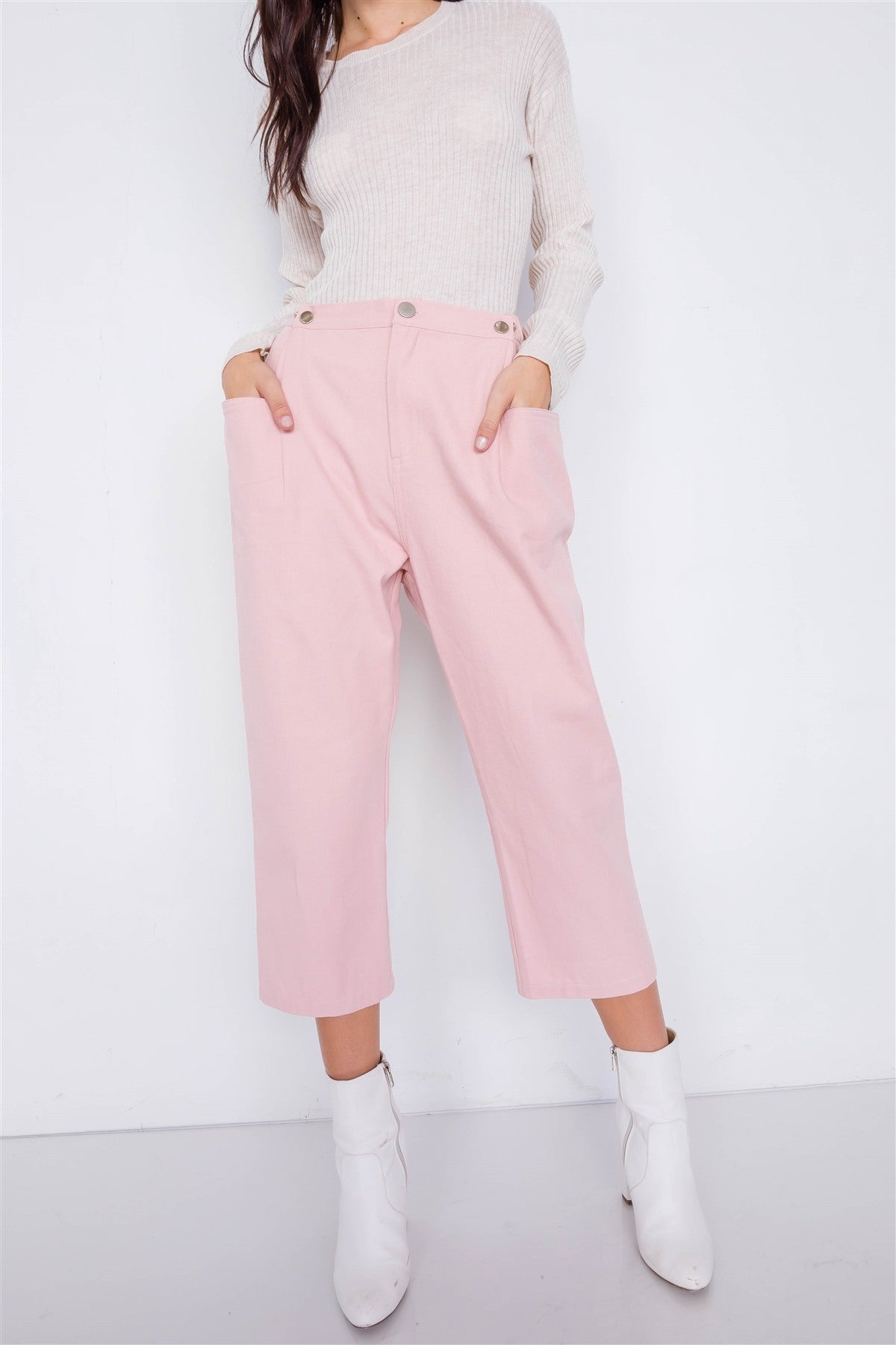 Pantalon pastel chic uni à la cheville, jambe large, taille réglable avec boutons-pression – Image 3