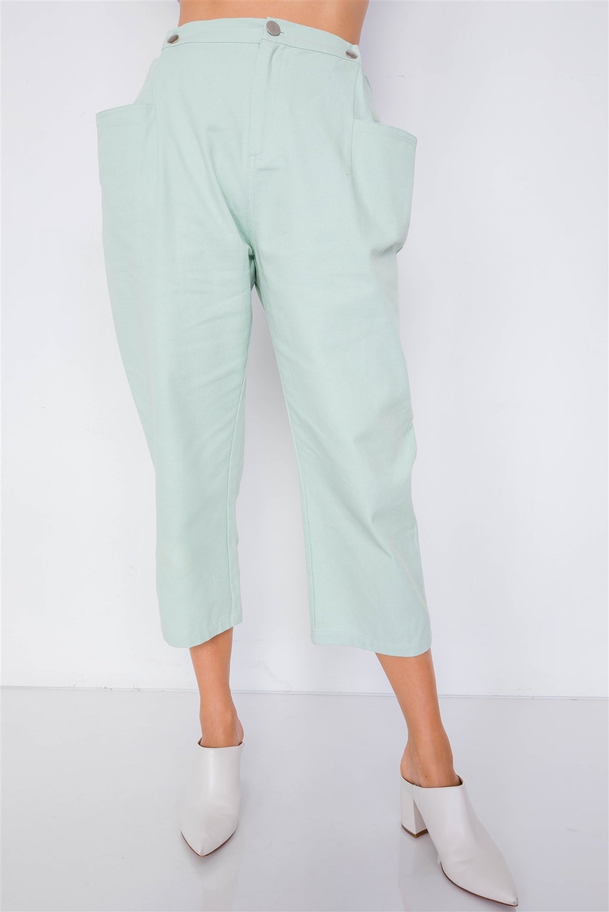 Pantalon pastel chic uni à la cheville, jambe large, taille réglable avec boutons-pression – Image 6