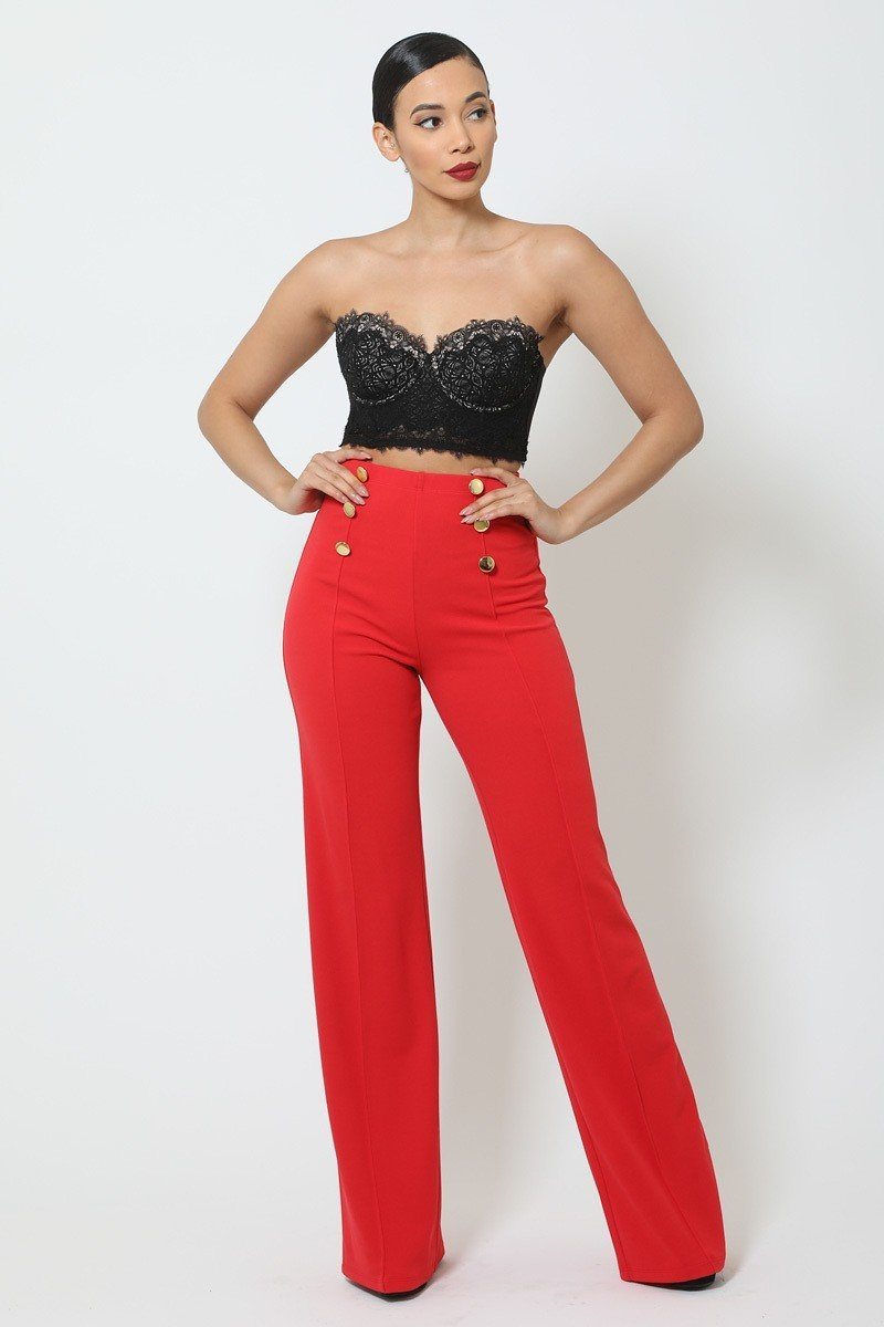 Pantalon taille haute en crêpe avec boutons