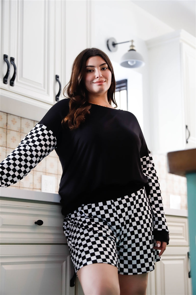Plus Ensemble haut et short à manches longues à motif damier noir et blanc