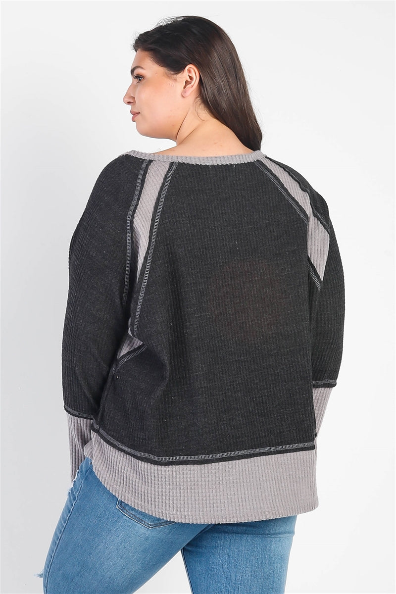 Plus - Haut à manches longues en tricot gaufré color block gris anthracite et gris
