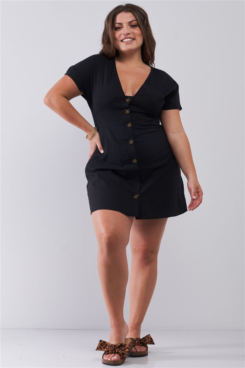 Plus Mini-robe noire en coton boutonnée à manches courtes et col en V sur le devant