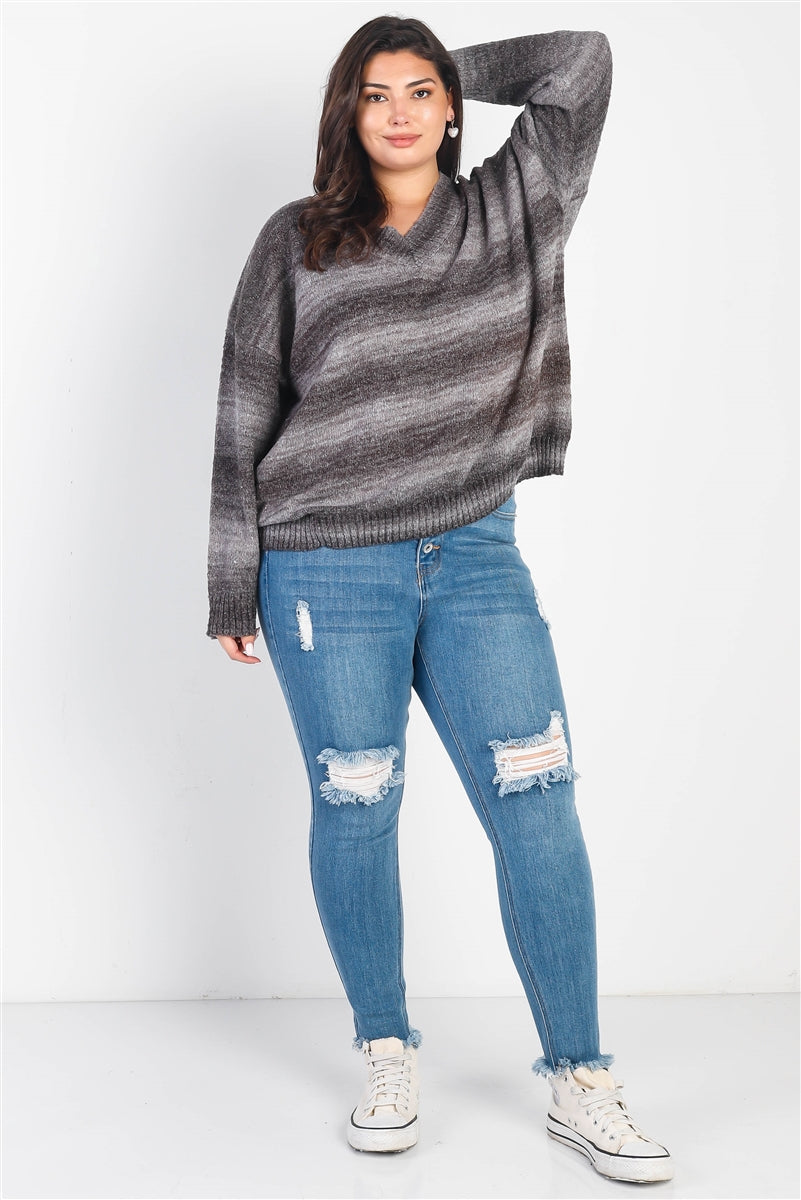 Plus Pull à col en V en tricot dégradé gris et noir