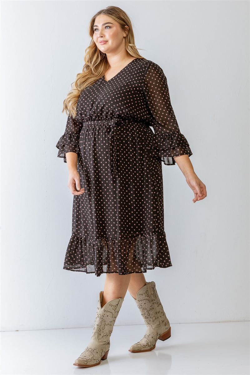 Plus - Robe mi-longue noire imprimée avec ceinture et ourlet évasé