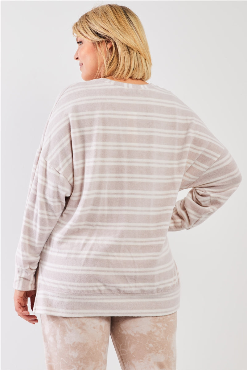 Plus Taupe et ivoire rayé polyester polaire col rond épaules tombantes manches longues haut décontracté inégal
