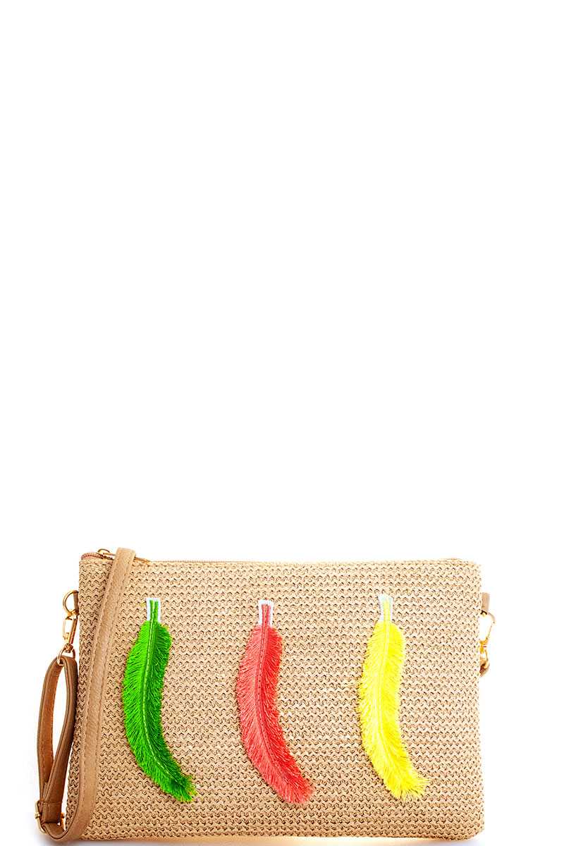 Pochette en plumes tissées de mode moderne avec longue sangle