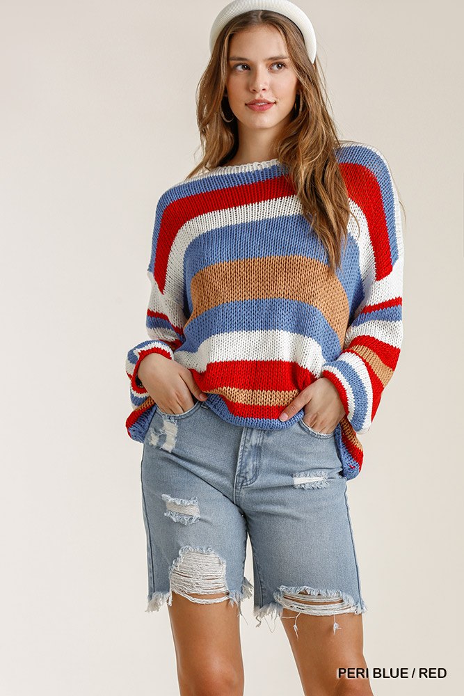 Pull en tricot à manches longues et col rond à rayures multicolores