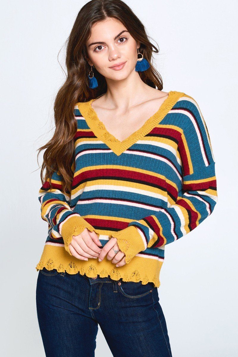 Pull en tricot à rayures panachées multicolores