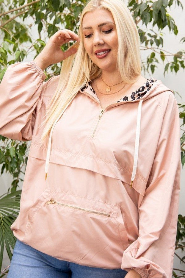 Pull uni grande taille avec coupe-vent intérieur contrasté léopard
