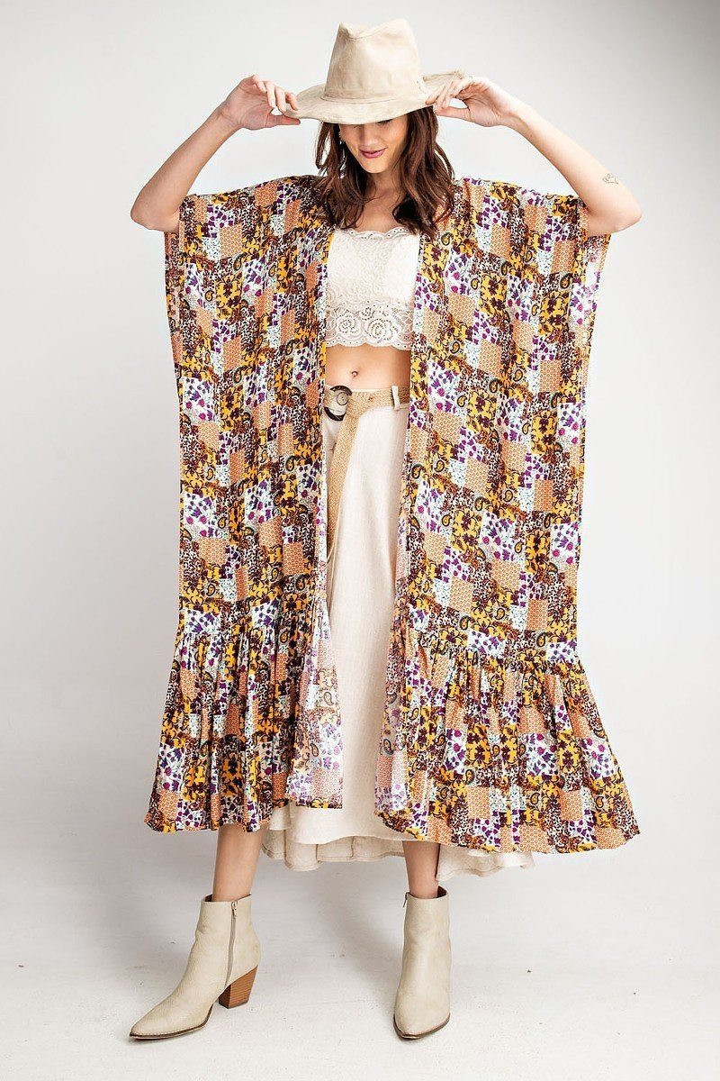 Rayonne Challis à volants bas maxi kimono ouvert
