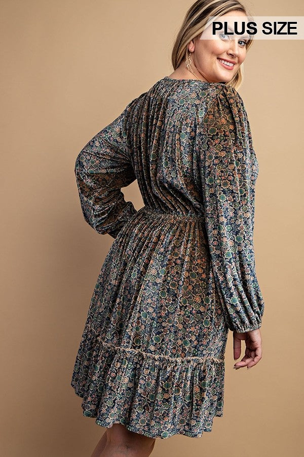 Robe à col en V en velours imprimé avec boutons sur le devant