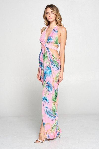 Robe longue découpée à imprimé tropical