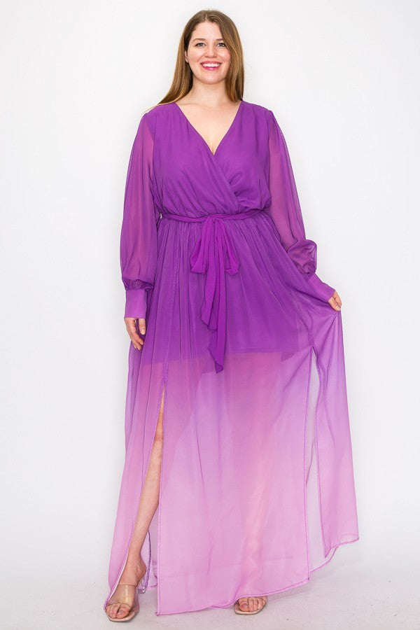 Robe longue en mousseline de soie ombrée, manches longues, nouée à la taille, fente sur le devant