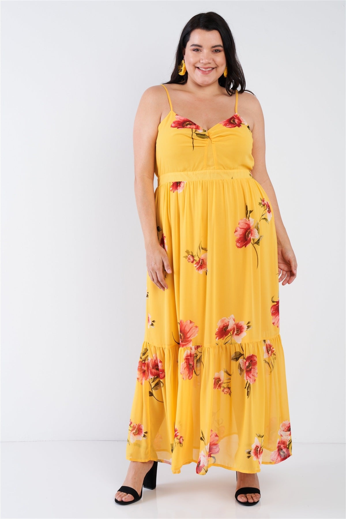 Robe longue semi-transparente à volants et col en V cintré jaune à imprimé floral de grande taille