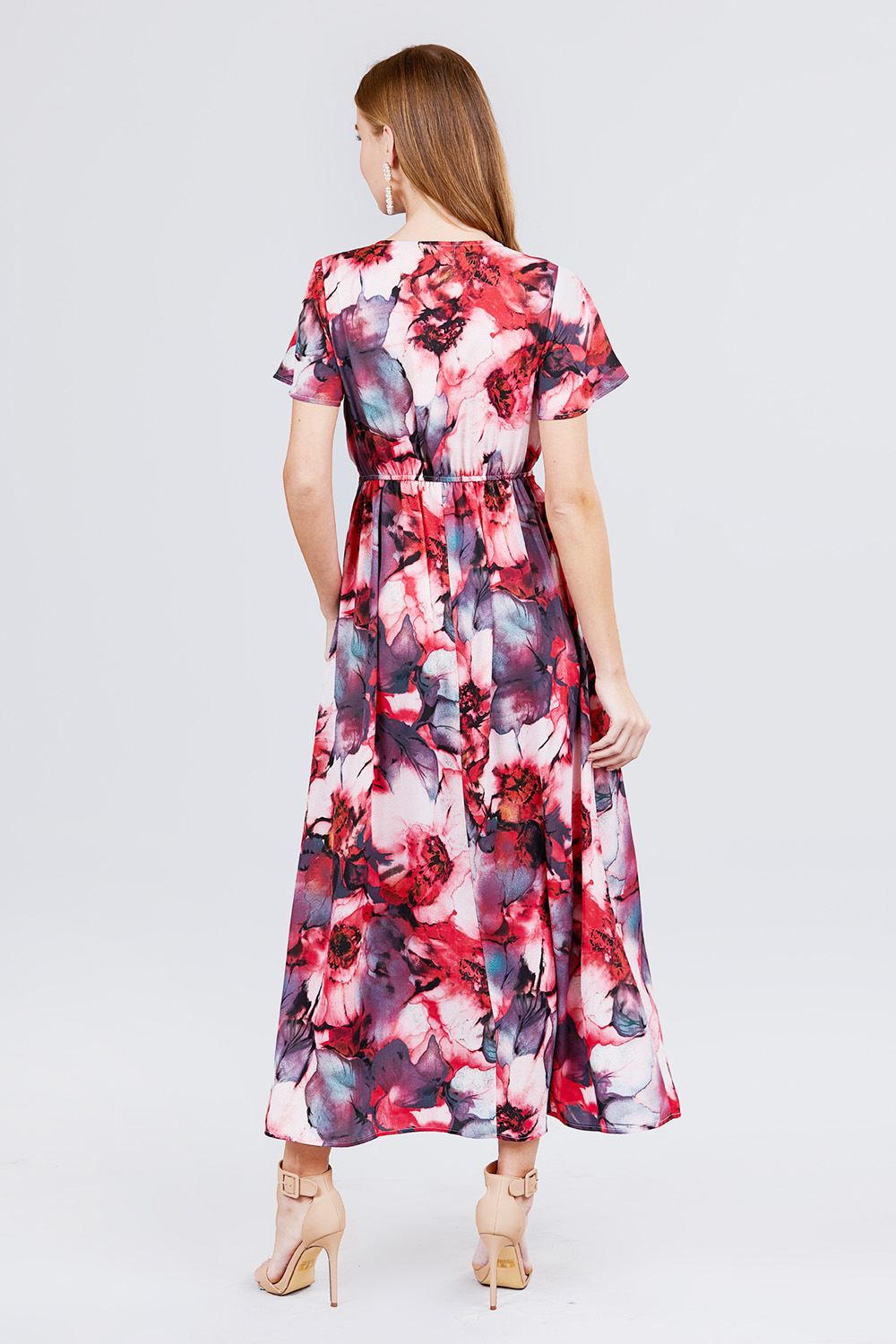 Robe longue tissée imprimée ceinturée boutonnée à col en V et manches courtes
