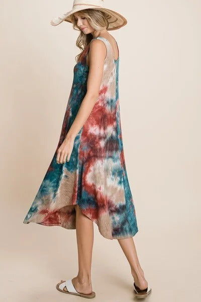 Robe midi fluide à ourlet asymétrique avec brosse côtelée tie-dye