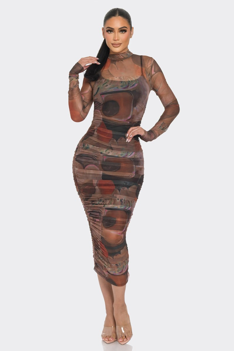 Robe midi froncée en maille à imprimé fleuri