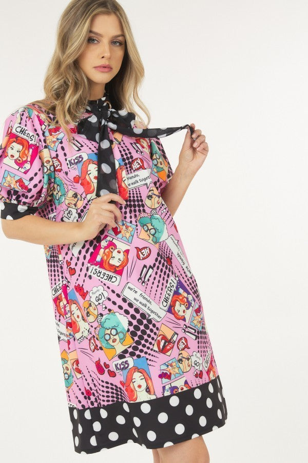 Robe midi imprimée avec finition à pois