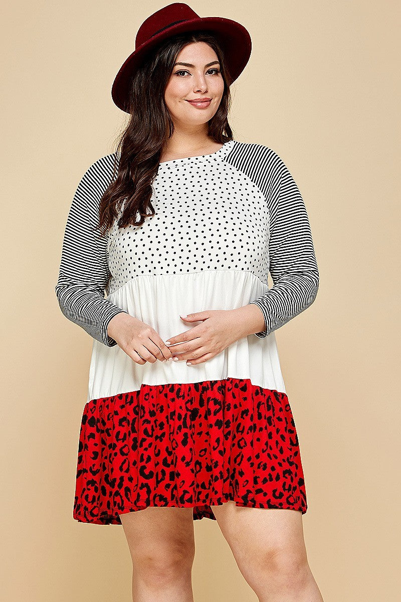 Robe trapèze contrastée à pois et imprimé animal de grande taille