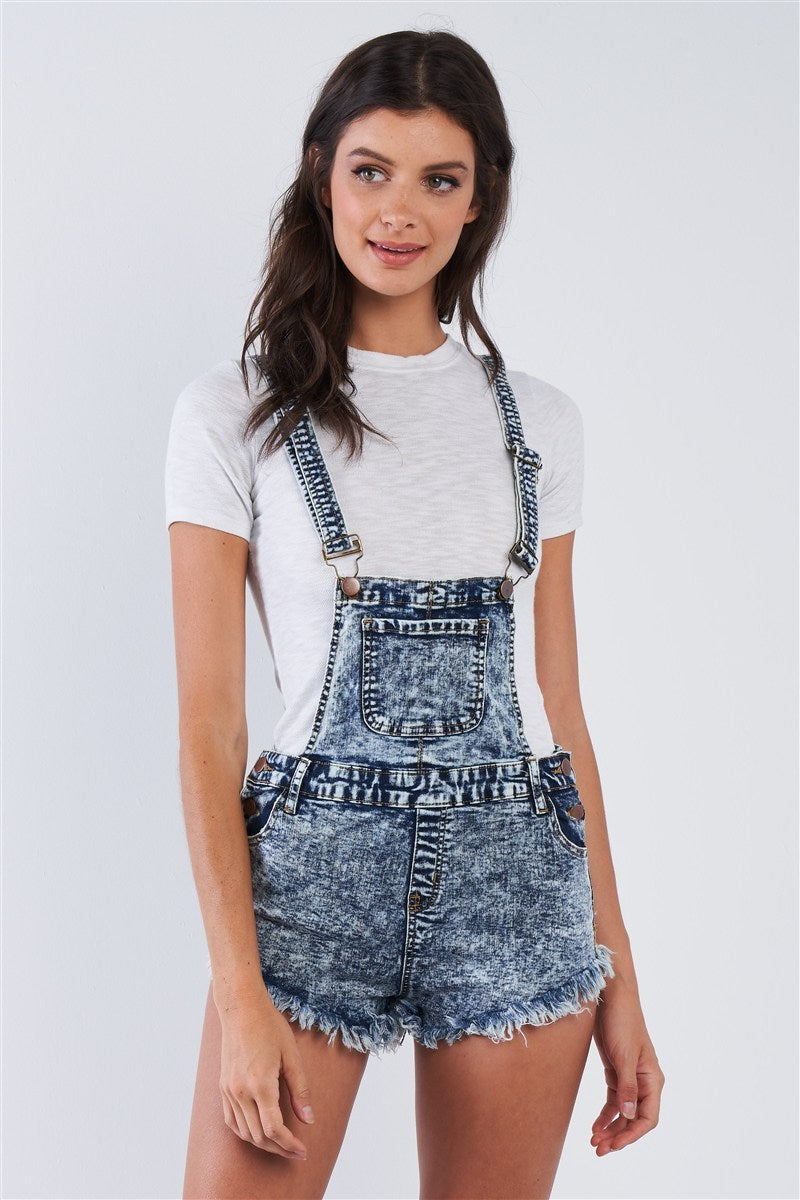 Salopette courte courte à franges en denim délavé à l'acide