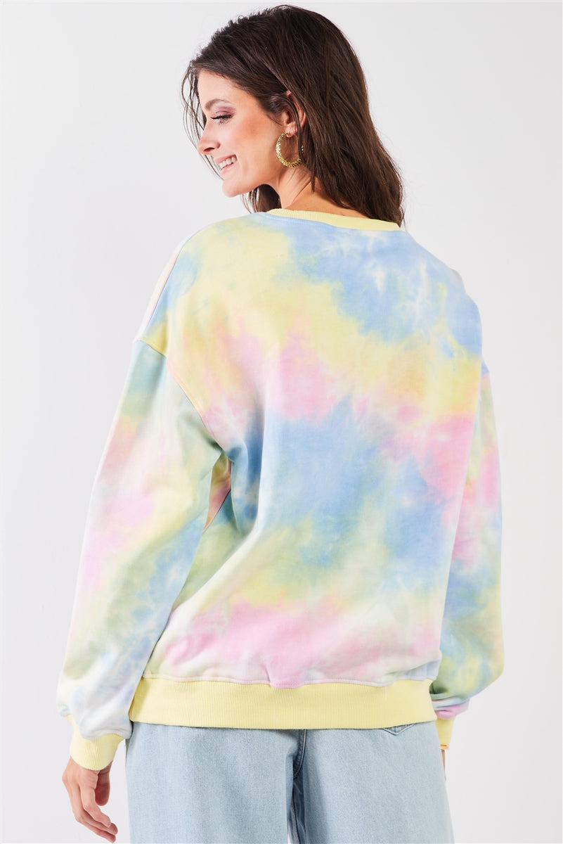 Sweat-shirt surdimensionné à manches longues et col rond imprimé tie-dye multicolore pastel – Image 2