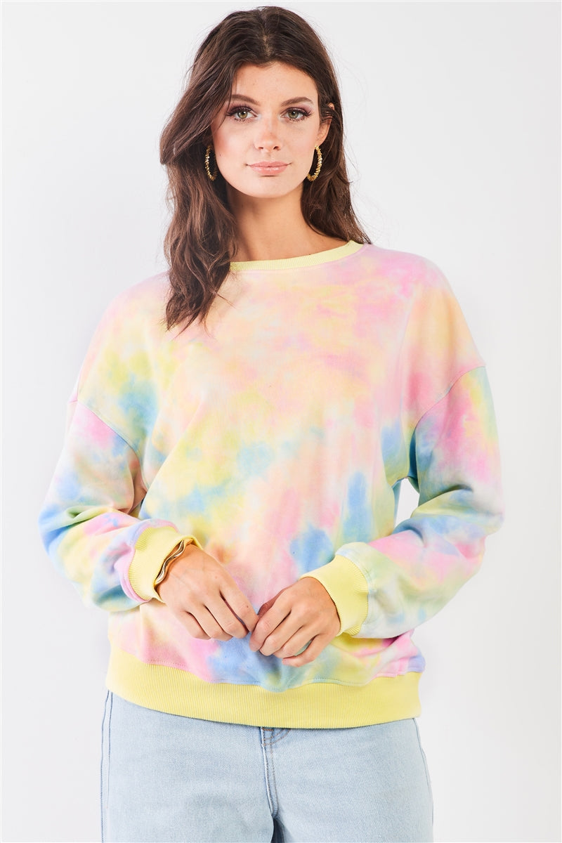Sweat-shirt surdimensionné à manches longues et col rond imprimé tie-dye multicolore pastel