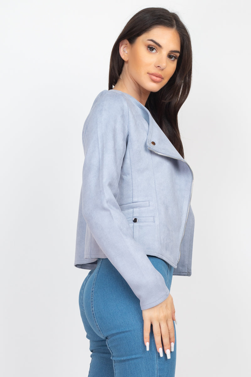 Veste moto courte en daim zippée