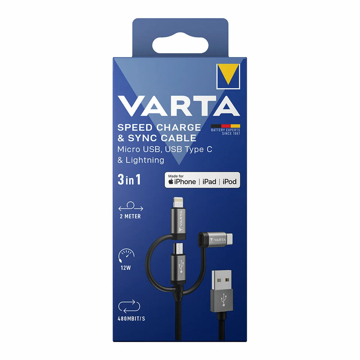 Cable usb varta 2 m noir 3 en 1 usb c micro usb lightning s792358118. Des milliers de références à découvrir sur Diaytar Sénégal