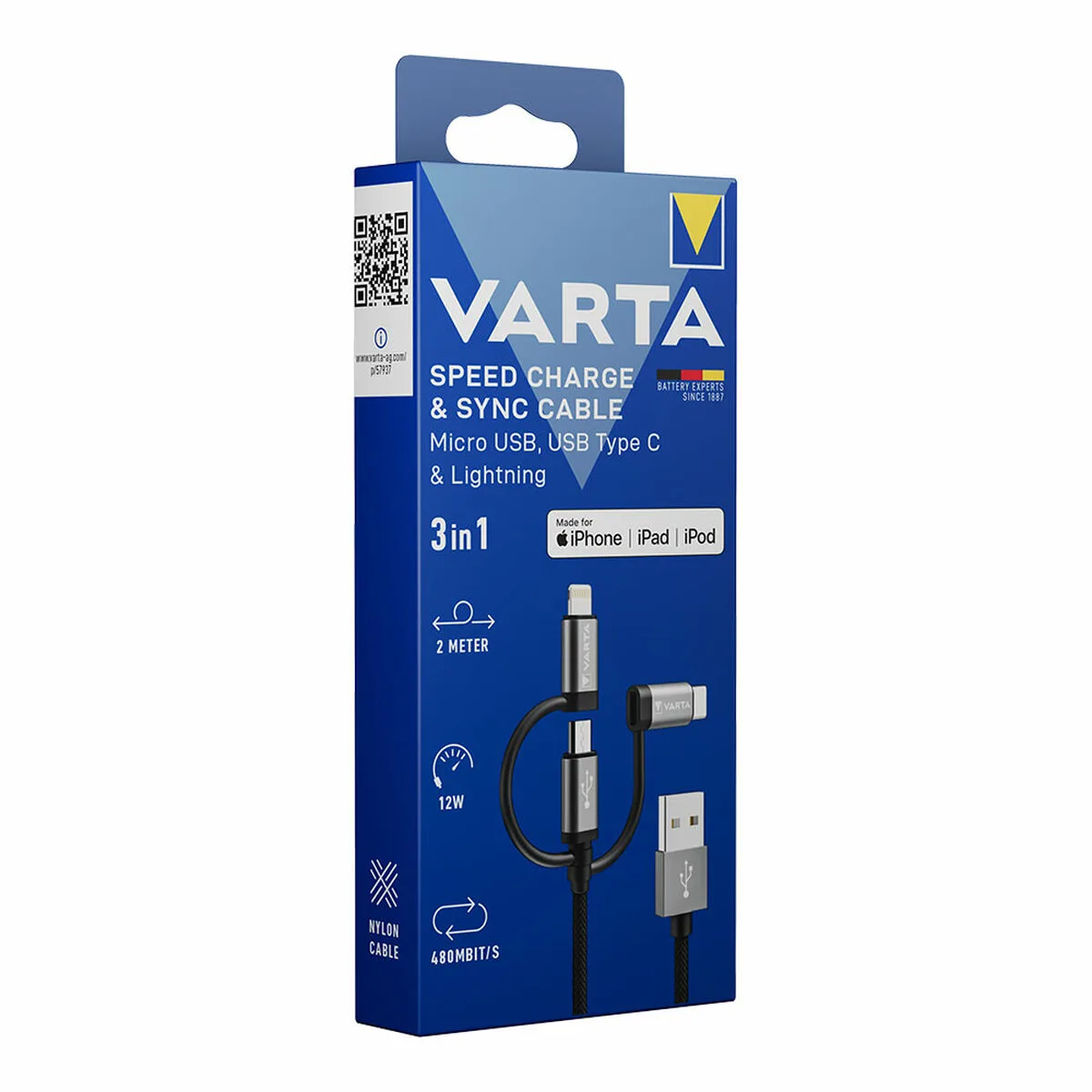 Cable usb varta 2 m noir 3 en 1 usb c micro usb lightning s792358139. Diaytar : Le e-commerce qui respecte votre budget