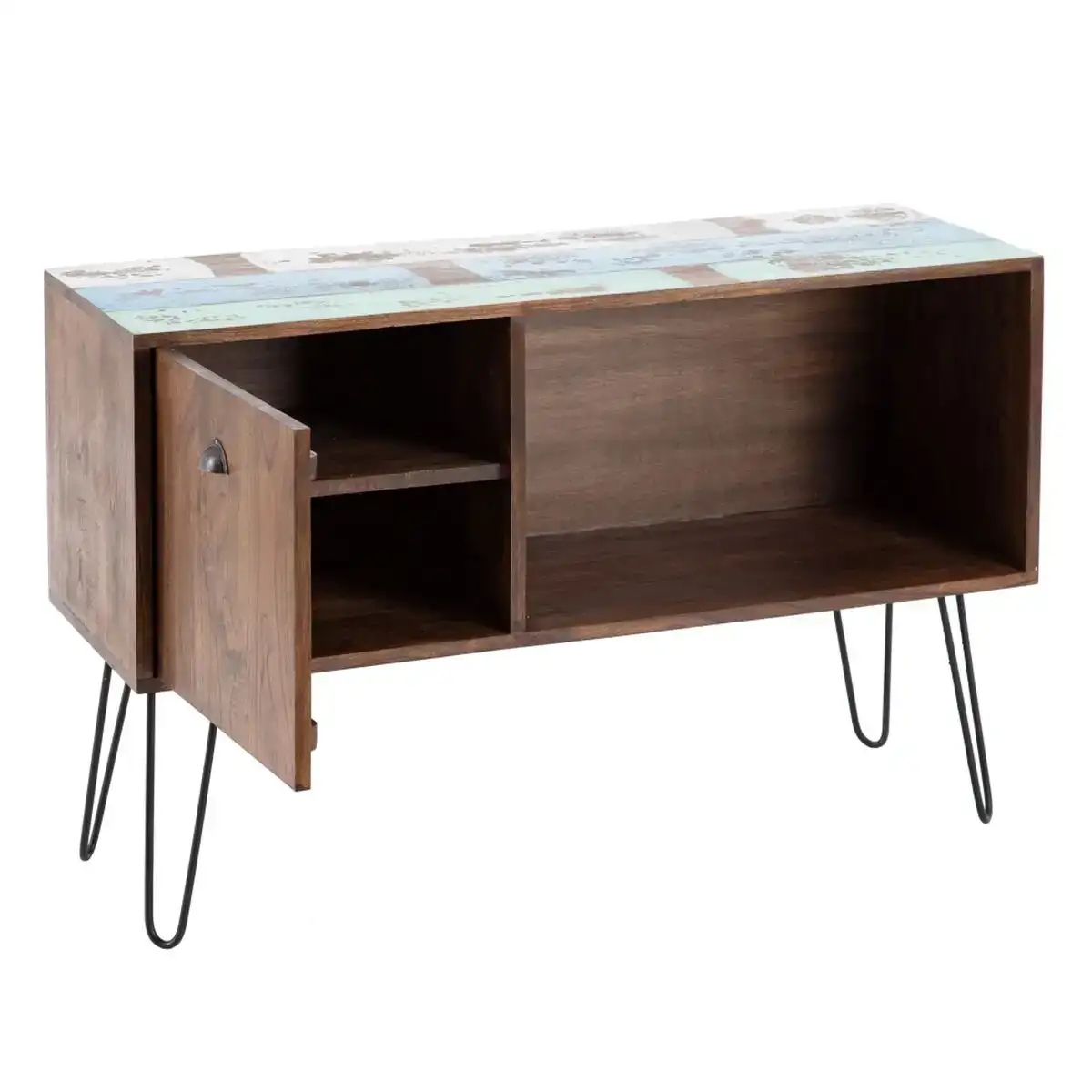 Buffet bleu metal bois marron 120 x 40 x 80 cm_9747. DIAYTAR SENEGAL - L'Art de Choisir, l'Art de Se Distinquer. Naviguez à travers notre catalogue et choisissez des produits qui ajoutent une note d'élégance à votre style unique.