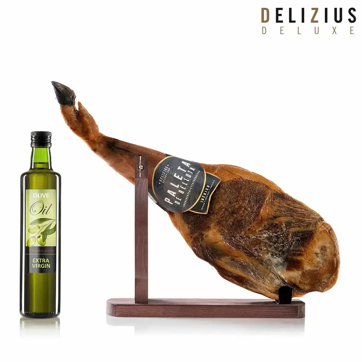 Ensemble epaule de porc iberique de bellota huile d olive et support a jambon delizius deluxe_8609. Votre Destination de Choix: DIAYTAR SENEGAL - Où l'Authenticité Rencontre la Commodité. Faites l'expérience de magasiner en ligne pour des articles qui incarnent la richesse culturelle et la modernité du Sénégal.
