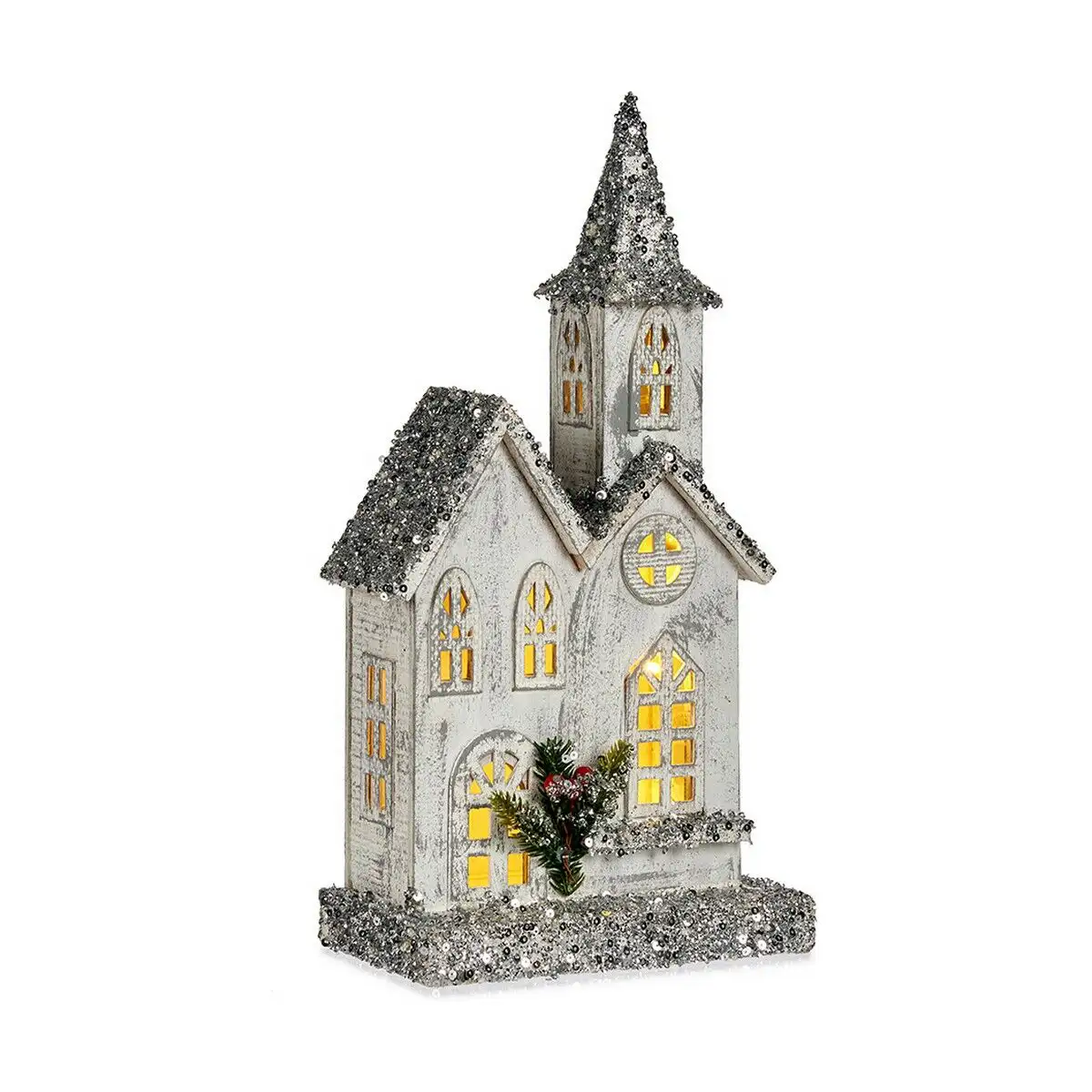 Figurine decorative noel paillettes lumiere led maison 22 x 45 x 11 cm gris bois blanc_1618. DIAYTAR SENEGAL - Où Choisir est une Célébration. Découvrez notre sélection de produits qui représentent la diversité et la joie du Sénégal, à chaque étape de votre vie.