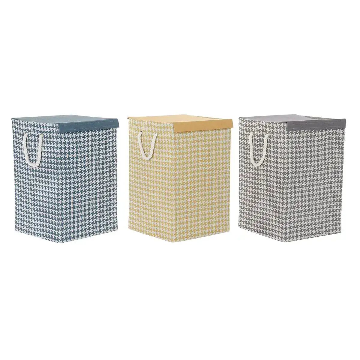 Panier a linge dkd home decor pied de poule 36 x 36 x 55 cm gris bleu jaune 3 unite s_1512. DIAYTAR SENEGAL - Là où Chaque Produit Est une Trouvaille. Parcourez notre catalogue diversifié et découvrez des articles qui enrichiront votre quotidien, du pratique à l'insolite.
