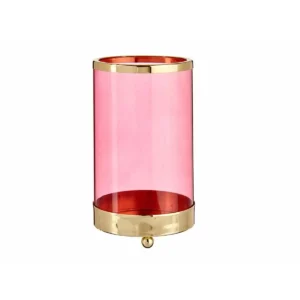 Bougeoir cylindre rose dore metal verre 9 7 x 16 5 x 9 7 cm _8553. DIAYTAR SENEGAL - Où le Shopping Devient une Aventure Culturelle. Plongez dans notre univers de produits qui célèbrent l'héritage et l'artisanat du Sénégal.