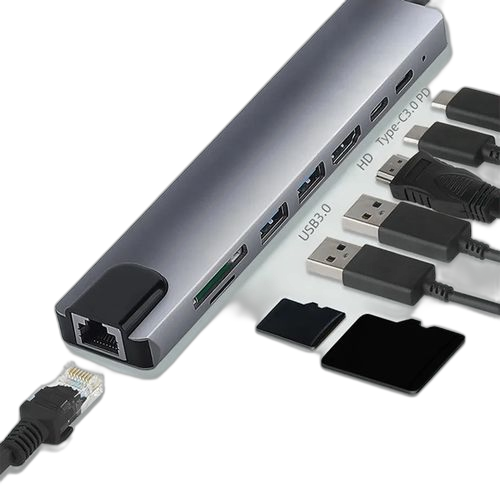 Adaptateur 8 en 1 usb type c vers hdmi rj45 avec lecteur de carte chargeur etc ......