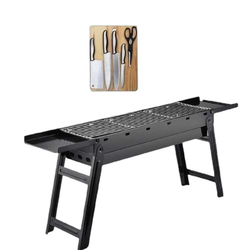 Barbecue au charbon de bois portable + 12 brochettes, plateau couteaux