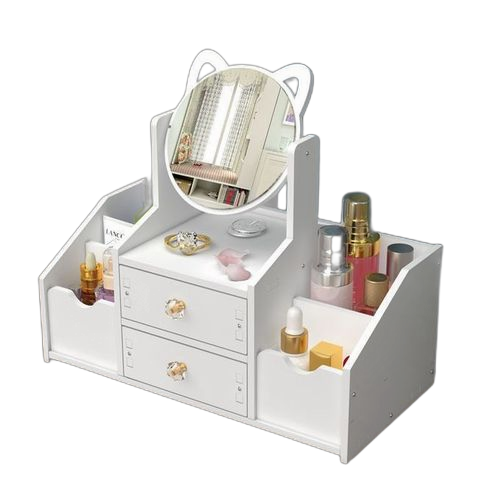 Blanc grande boîte de rangement de cosmétiques avec miroir rond, support de tiroir de bureau. Diaytar : Des promotions exceptionnelles toute l'année pour tous les Sénégalais