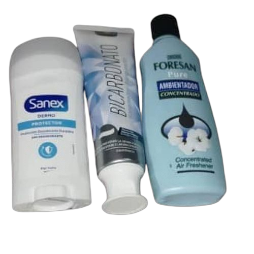 Deliplus pack de trois produits ambiantador pour toilette plus pate dentifrice à base de bicarbonate plus déodorant sanex