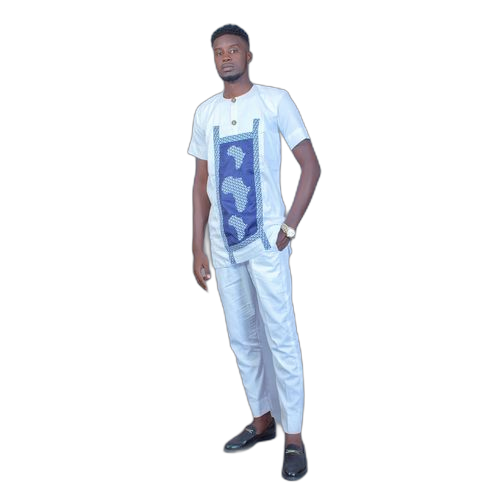 Ensemble costume africain manches courtes en lin bleu blanc