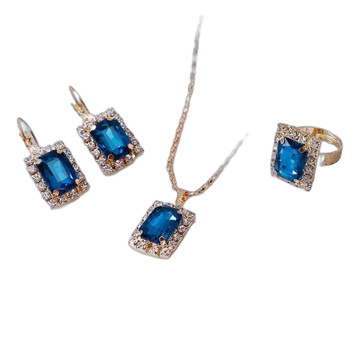 Ensemble de bijoux en cristal comprenant un collier, des boucles d'oreilles et une bague, couleur orbleu