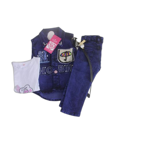 Ensemble fillette haut, pantalon et gilet bleu