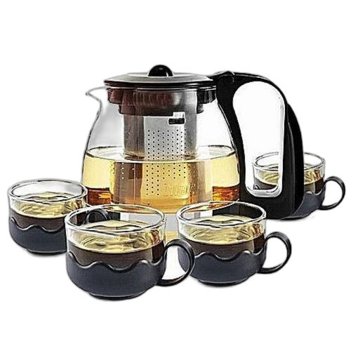 Ensemble théière + 4 tasses en verre transparent