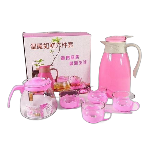 Ensemble théière + tasse en verre +thermos recouvert plastique rose